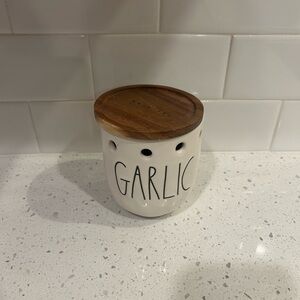 Rae Dunn White Garlic Storage Jar with Wooden Lid